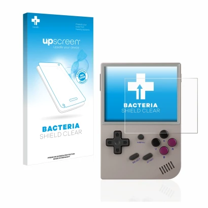 Face avant d’un emballage produit avec le logo de la marque upscreen. À côté, l’appareil Anbernic RG35XX est représenté avec l