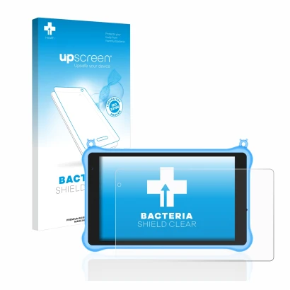 Face avant d’un emballage produit avec le logo de la marque upscreen. À côté, l’appareil Blackview Tab 5 Kids est représenté a