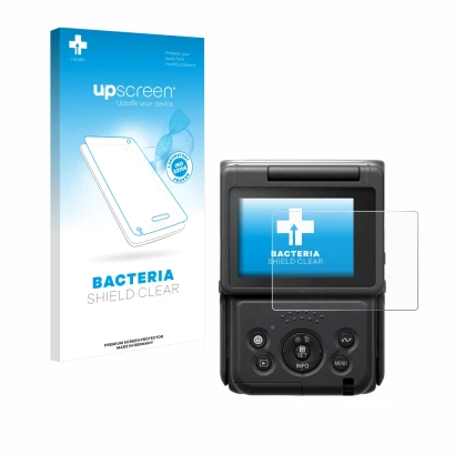 Face avant d’un emballage produit avec le logo de la marque upscreen. À côté, l’appareil Canon PowerShot V10 Vlog Camera est r