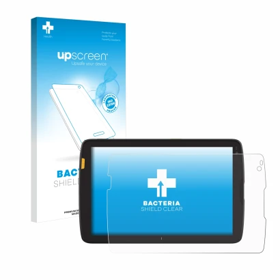 Face avant d’un emballage produit avec le logo de la marque upscreen. À côté, l’appareil Zebra ET40 8" est représenté avec la 