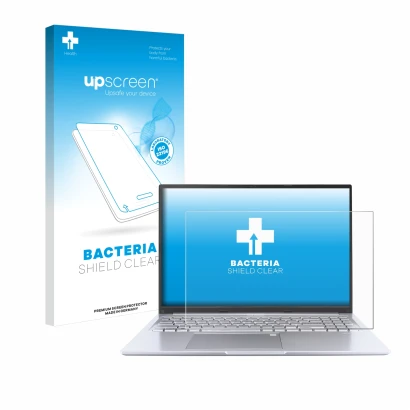 Face avant d’un emballage produit avec le logo de la marque upscreen. À côté, l’appareil ASUS Vivobook 16 M1605 est représenté