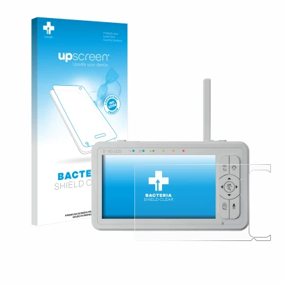 Face avant d’un emballage produit avec le logo de la marque upscreen. À côté, l’appareil Babysense HD S2 5" est représenté ave