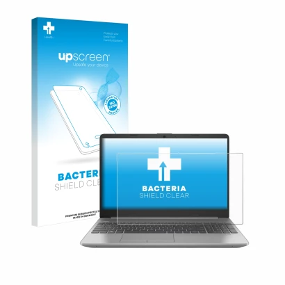 Face avant d’un emballage produit avec le logo de la marque upscreen. À côté, l’appareil HP 250 G9 est représenté avec la prot