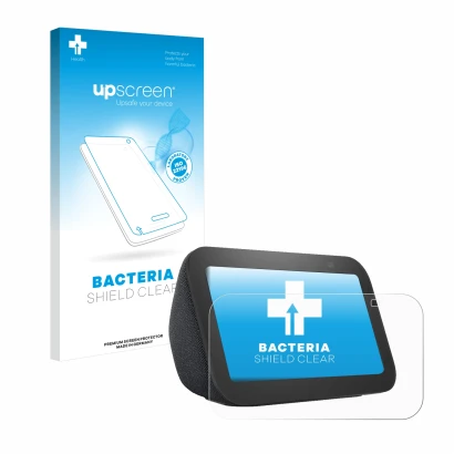 Face avant d’un emballage produit avec le logo de la marque upscreen. À côté, l’appareil Amazon Echo Show 5 (3ème Gen.) est re