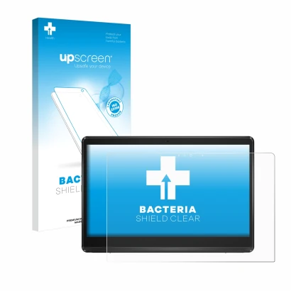 Face avant d’un emballage produit avec le logo de la marque upscreen. À côté, l’appareil ASUS ExpertCenter E1 AIO E1600 est re