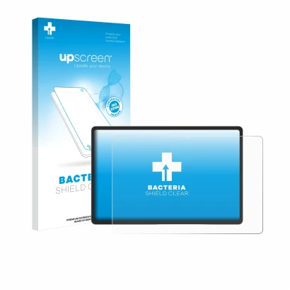 Face avant d’un emballage produit avec le logo de la marque upscreen. À côté, l’appareil Samsung Galaxy Tab S9 Plus WiFi est r