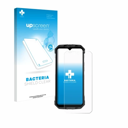 Face avant d’un emballage produit avec le logo de la marque upscreen. À côté, l’appareil Doogee S110 est représenté avec la pr