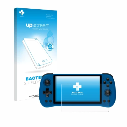 Face avant d’un emballage produit avec le logo de la marque upscreen. À côté, l’appareil Powkiddy X55 est représenté avec la p