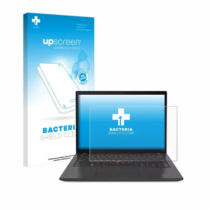 Face avant d’un emballage produit avec le logo de la marque upscreen. À côté, l’appareil Lenovo ThinkPad P14s Gen 4 est représ
