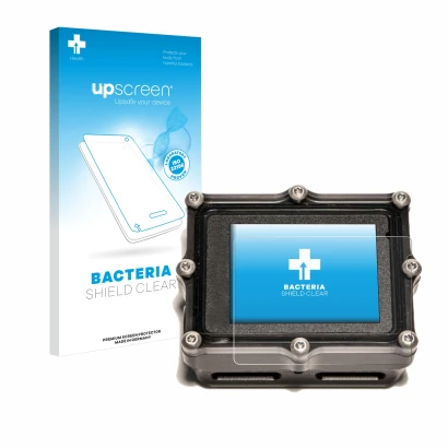 Face avant d’un emballage produit avec le logo de la marque upscreen. À côté, l’appareil Shearwater Petrel 2 dive computer est