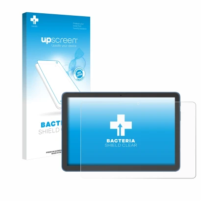 Face avant d’un emballage produit avec le logo de la marque upscreen. À côté, l’appareil Amazon Fire HD 10 2023 (13e Gen.) est
