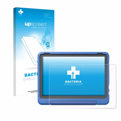 Face avant d’un emballage produit avec le logo de la marque upscreen. À côté, l’appareil Amazon Fire HD 10 Kids Pro 2023 est r