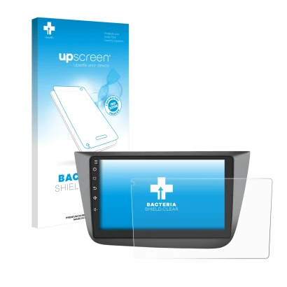 Face avant d’un emballage produit avec le logo de la marque upscreen. À côté, l’appareil Topway Android CarPlay (9") est repré