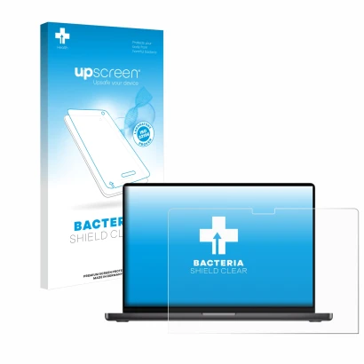 Face avant d’un emballage produit avec le logo de la marque upscreen. À côté, l’appareil Apple MacBook Pro 14