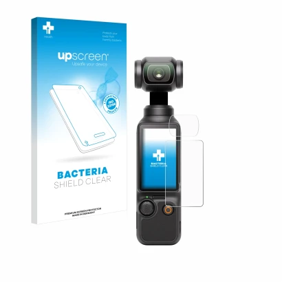 Face avant d’un emballage produit avec le logo de la marque upscreen. À côté, l’appareil DJI Osmo Pocket 3 (Affichage + Lentil