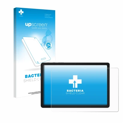 Face avant d’un emballage produit avec le logo de la marque upscreen. À côté, l’appareil Samsung Galaxy Tab A9 Plus WiFi est r