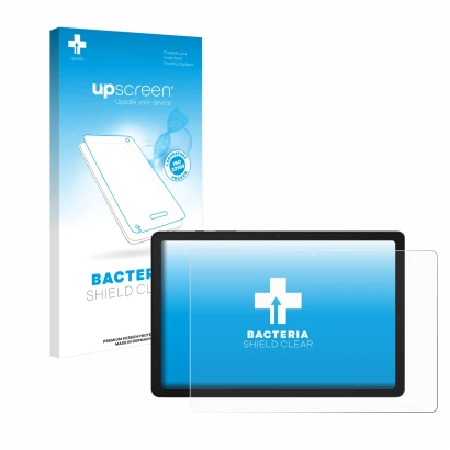 Face avant d’un emballage produit avec le logo de la marque upscreen. À côté, l’appareil Samsung Galaxy Tab A9 Plus 5G est rep