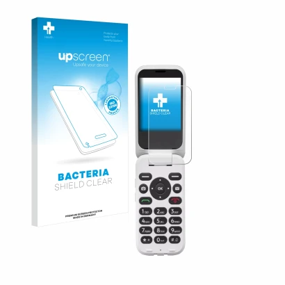 Face avant d’un emballage produit avec le logo de la marque upscreen. À côté, l’appareil Doro 6820 est représenté avec la prot
