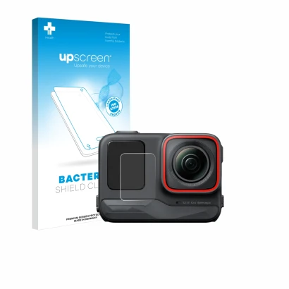 Face avant d’un emballage produit avec le logo de la marque upscreen. À côté, l’appareil Insta360 Ace Pro (Affichage avant) es