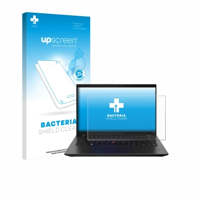 Face avant d’un emballage produit avec le logo de la marque upscreen. À côté, l’appareil Lenovo ThinkPad L14 Gen 3 est représe