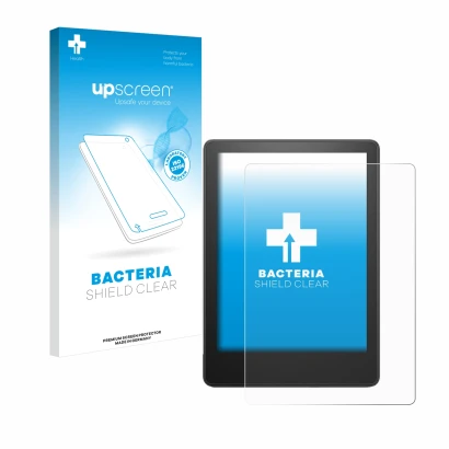 Face avant d’un emballage produit avec le logo de la marque upscreen. À côté, l’appareil Amazon Kindle Paperwhite 2023 (11ème 