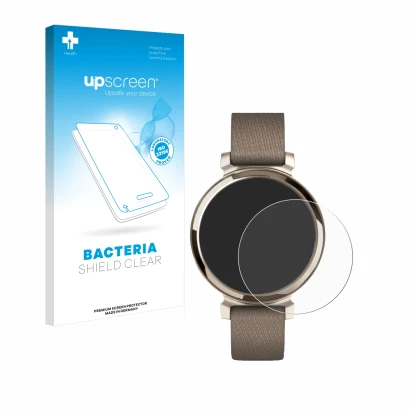 Face avant d’un emballage produit avec le logo de la marque upscreen. À côté, l’appareil Garmin Lily 2 est représenté avec la 