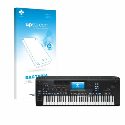 Face avant d’un emballage produit avec le logo de la marque upscreen. À côté, l’appareil Yamaha Genos2 est représenté avec la 