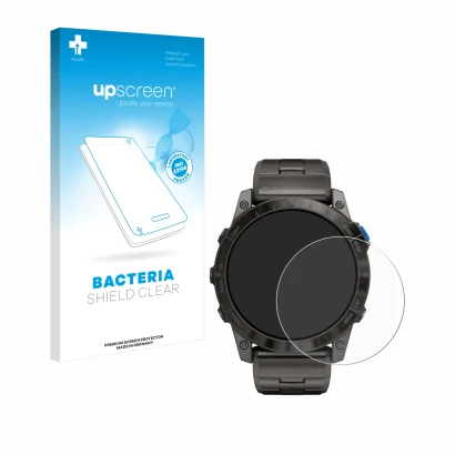 Face avant d’un emballage produit avec le logo de la marque upscreen. À côté, l’appareil Garmin D2 Mach1 Pro est représenté av