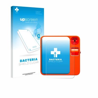 Face avant d’un emballage produit avec le logo de la marque upscreen. À côté, l’appareil rabbit r1 est représenté avec la prot