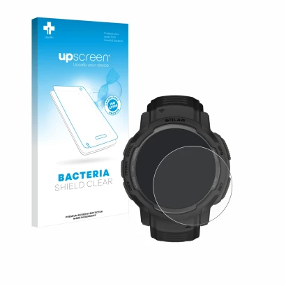 Face avant d’un emballage produit avec le logo de la marque upscreen. À côté, l’appareil Garmin Instinct Crossover AMOLED est 