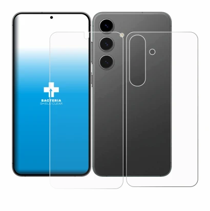 Image de l'appareil Samsung Galaxy S24 (Avant+Arrière) avec une grande variété de protections d'écran.