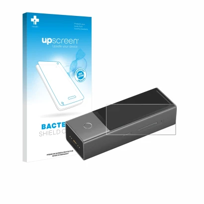 Face avant d’un emballage produit avec le logo de la marque upscreen. À côté, l’appareil Timekettle X1 est représenté avec la 