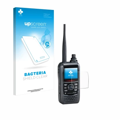 Face avant d’un emballage produit avec le logo de la marque upscreen. À côté, l’appareil Icom IC-R15 est représenté avec la pr