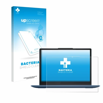 Face avant d’un emballage produit avec le logo de la marque upscreen. À côté, l’appareil Lenovo IdeaPad Flex 3 Chrome 12IAN8 e