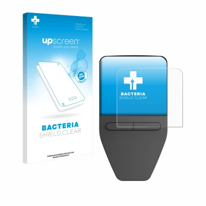 Face avant d’un emballage produit avec le logo de la marque upscreen. À côté, l’appareil Trezor Safe 3 est représenté avec la