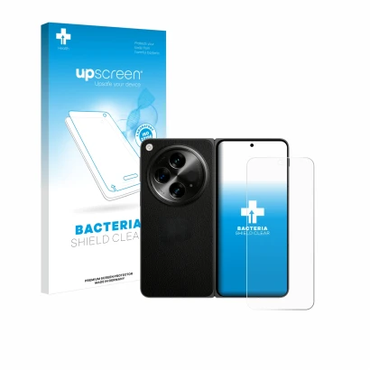 Face avant d’un emballage produit avec le logo de la marque upscreen. À côté, l’appareil OnePlus Open (case-friendly) est repr