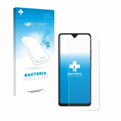 Face avant d’un emballage produit avec le logo de la marque upscreen. À côté, l’appareil Tecno Spark 10 Pro est représenté ave