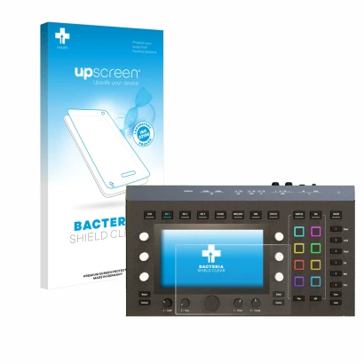 Face avant d’un emballage produit avec le logo de la marque upscreen. À côté, l’appareil Waldorf Iridium Core est représenté a