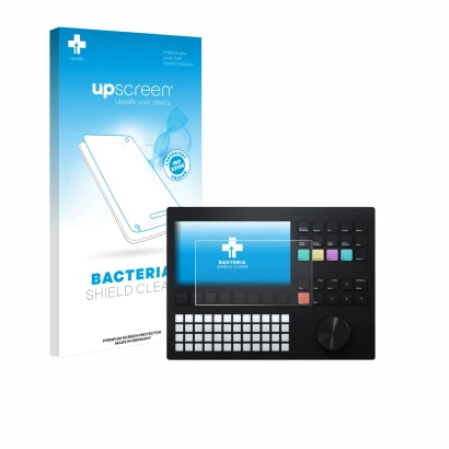 Face avant d’un emballage produit avec le logo de la marque upscreen. À côté, l’appareil Polyend Tracker est représenté avec l