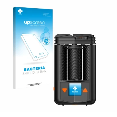 Face avant d’un emballage produit avec le logo de la marque upscreen. À côté, l’appareil Storz & Bickel Mighty + est représent