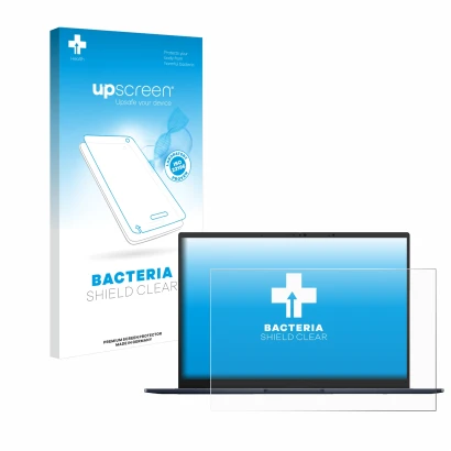 Face avant d’un emballage produit avec le logo de la marque upscreen. À côté, l’appareil ASUS ZenBook 14 OLED UX3405 Non-Touch