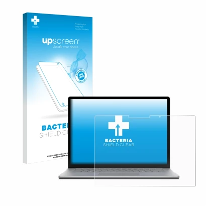Face avant d’un emballage produit avec le logo de la marque upscreen. À côté, l’appareil Microsoft Surface Laptop 6 13.5" est 
