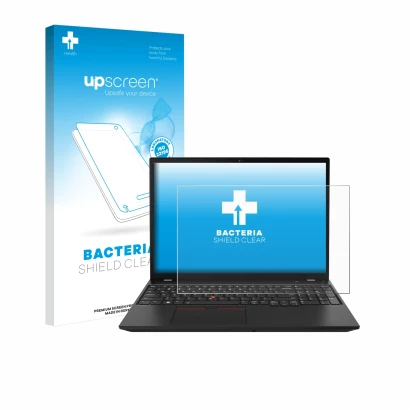 Face avant d’un emballage produit avec le logo de la marque upscreen. À côté, l’appareil Lenovo ThinkPad P16s Gen 2 est représ