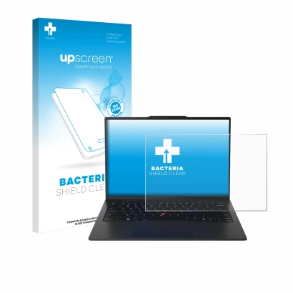 Face avant d’un emballage produit avec le logo de la marque upscreen. À côté, l’appareil Lenovo ThinkPad X1 Carbon Gen 12 14" 