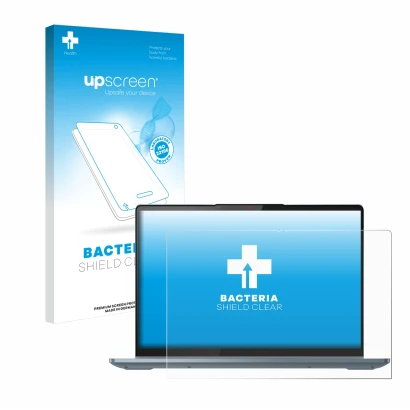 Face avant d’un emballage produit avec le logo de la marque upscreen. À côté, l’appareil Lenovo IdeaPad 5i 2-in-1 Gen 9 14" es