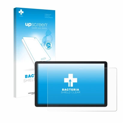 Face avant d’un emballage produit avec le logo de la marque upscreen. À côté, l’appareil Blackview MEGA 1 est représenté avec 