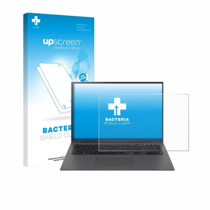 Face avant d’un emballage produit avec le logo de la marque upscreen. À côté, l’appareil LG gram 17" 2024 est représenté avec 