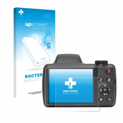 Face avant d’un emballage produit avec le logo de la marque upscreen. À côté, l’appareil Kodak Pixpro AZ528 est représenté ave