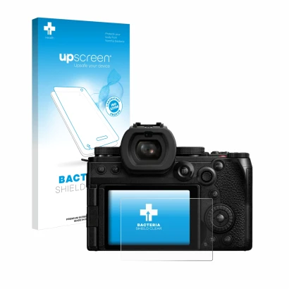 Face avant d’un emballage produit avec le logo de la marque upscreen. À côté, l’appareil Panasonic Lumix DC-S5II est représent