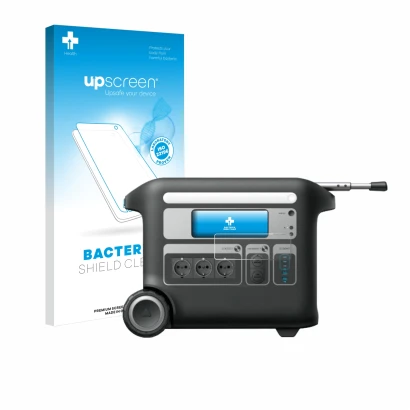 Face avant d’un emballage produit avec le logo de la marque upscreen. À côté, l’appareil Anker SOLIX F2000 est représenté avec